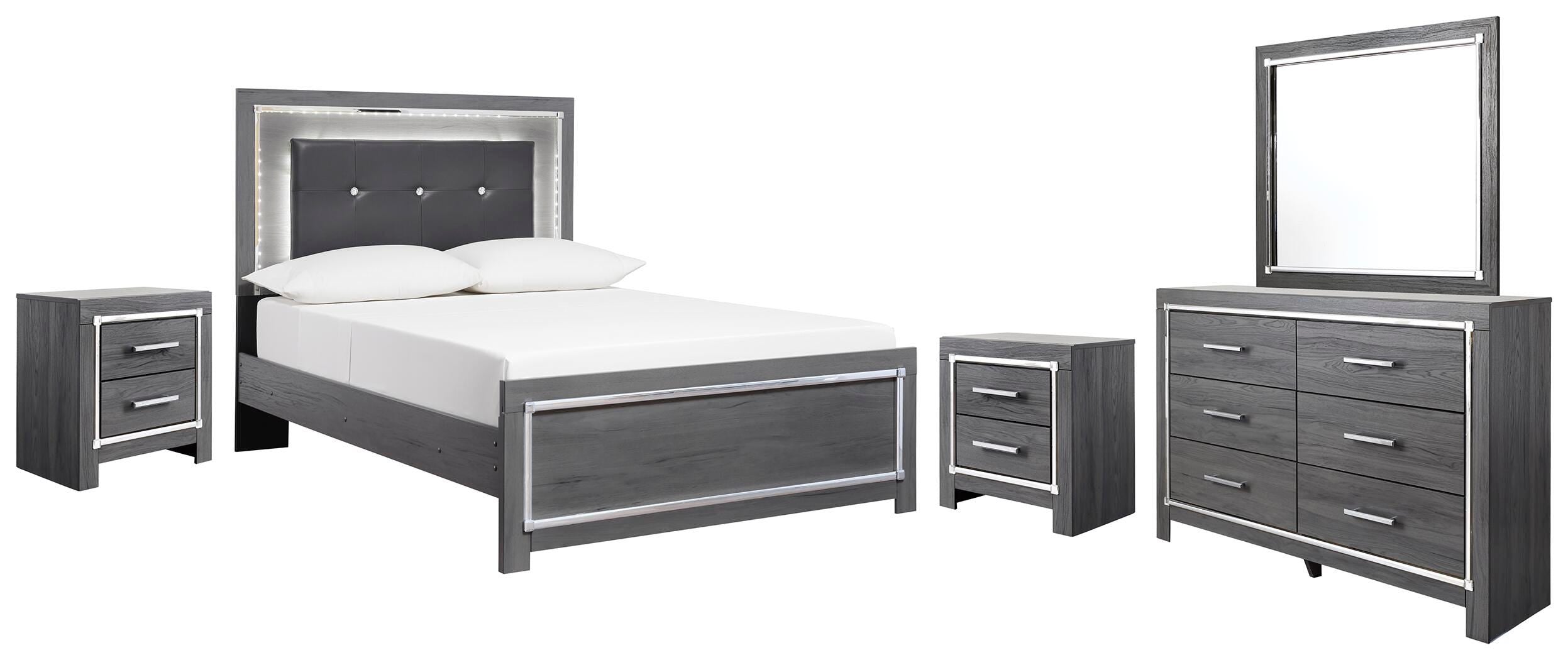 Lodanna Panel Bed with Mirrored Dresser and 2 Nightstands
