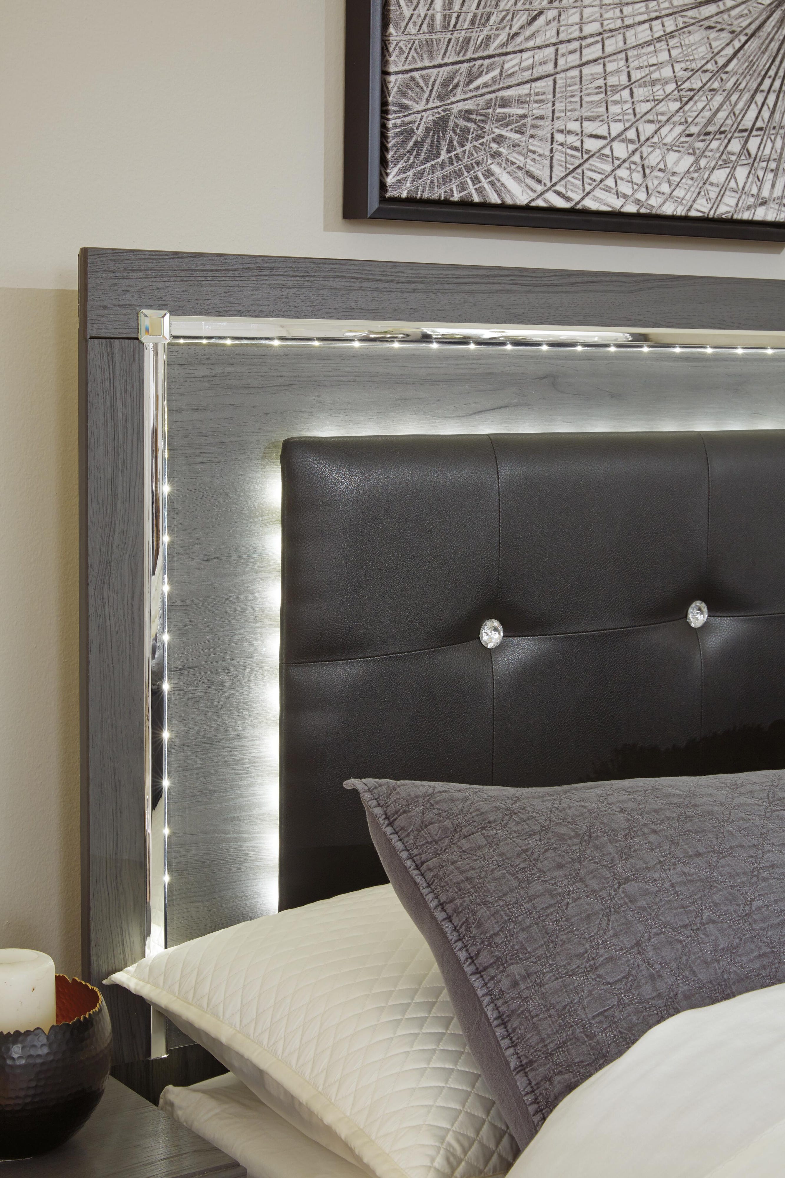 Lodanna Upholstered Panel Headboard with Mirrored Dresser, Chest and Nightstand