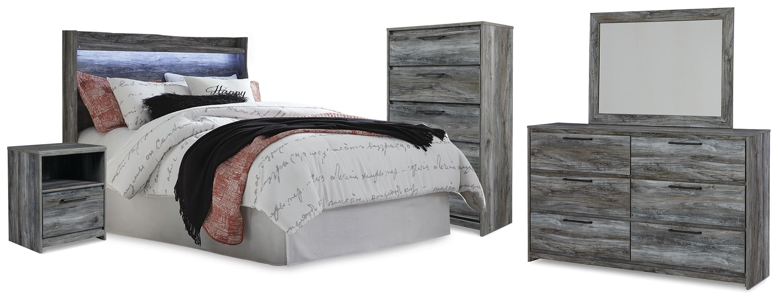Baystorm Panel Headboard Bed, Dresser, Mirror and Nightstand