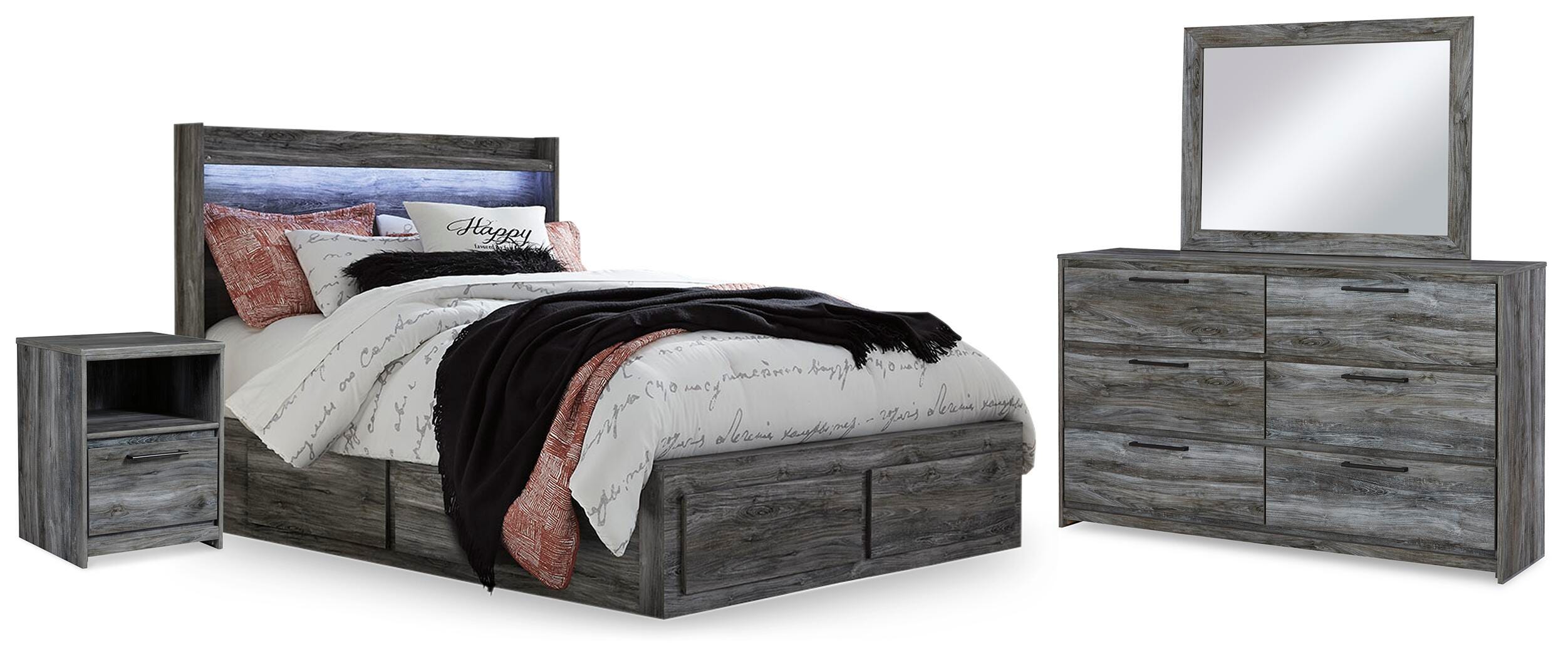Baystorm Panel Bed with 2 Side Storage, Dresser, Mirror, and Nightstand