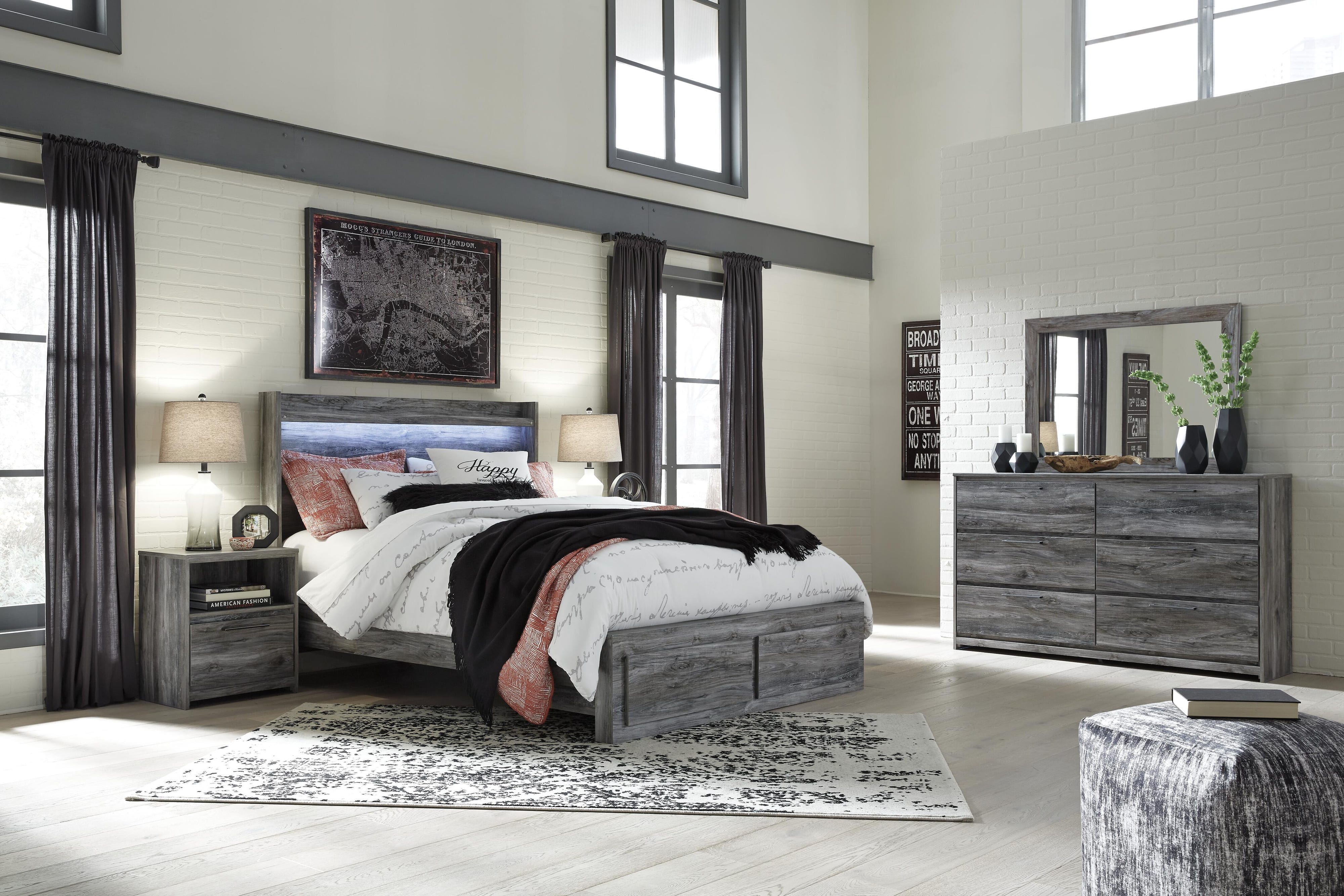 Baystorm Panel Bed with 2 Storage Drawers with Mirrored Dresser and Nightstand