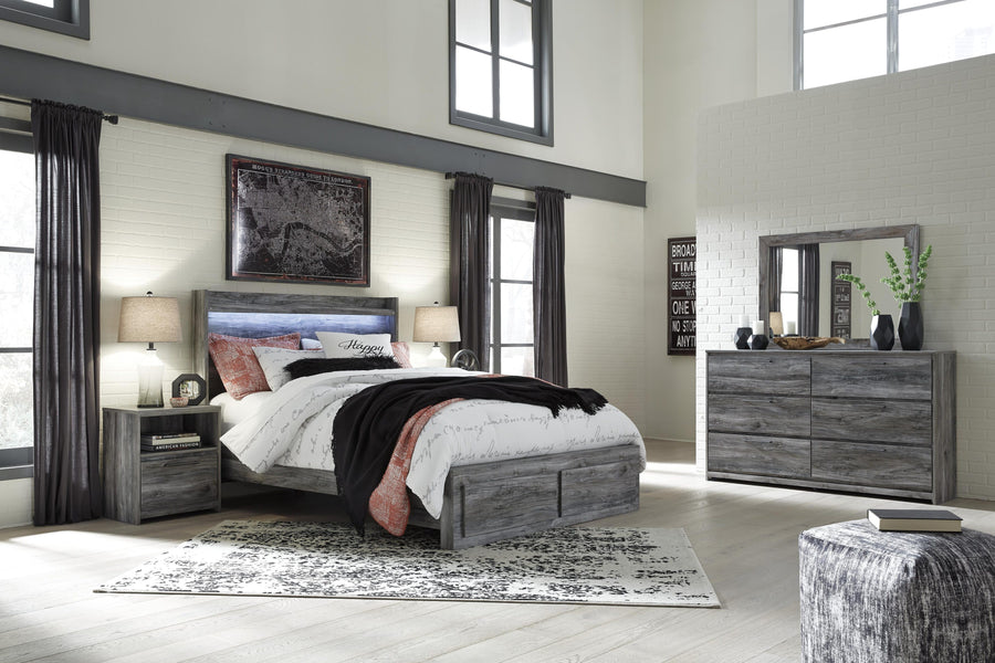 Baystorm Panel Bed with 2 Storage Drawers with Mirrored Dresser and Nightstand