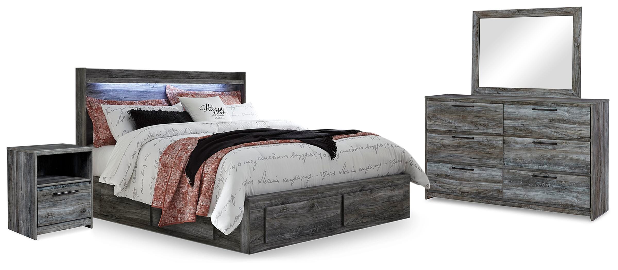 Baystorm Panel Bed with Storage, Dresser, Mirror and 2 Nightstands