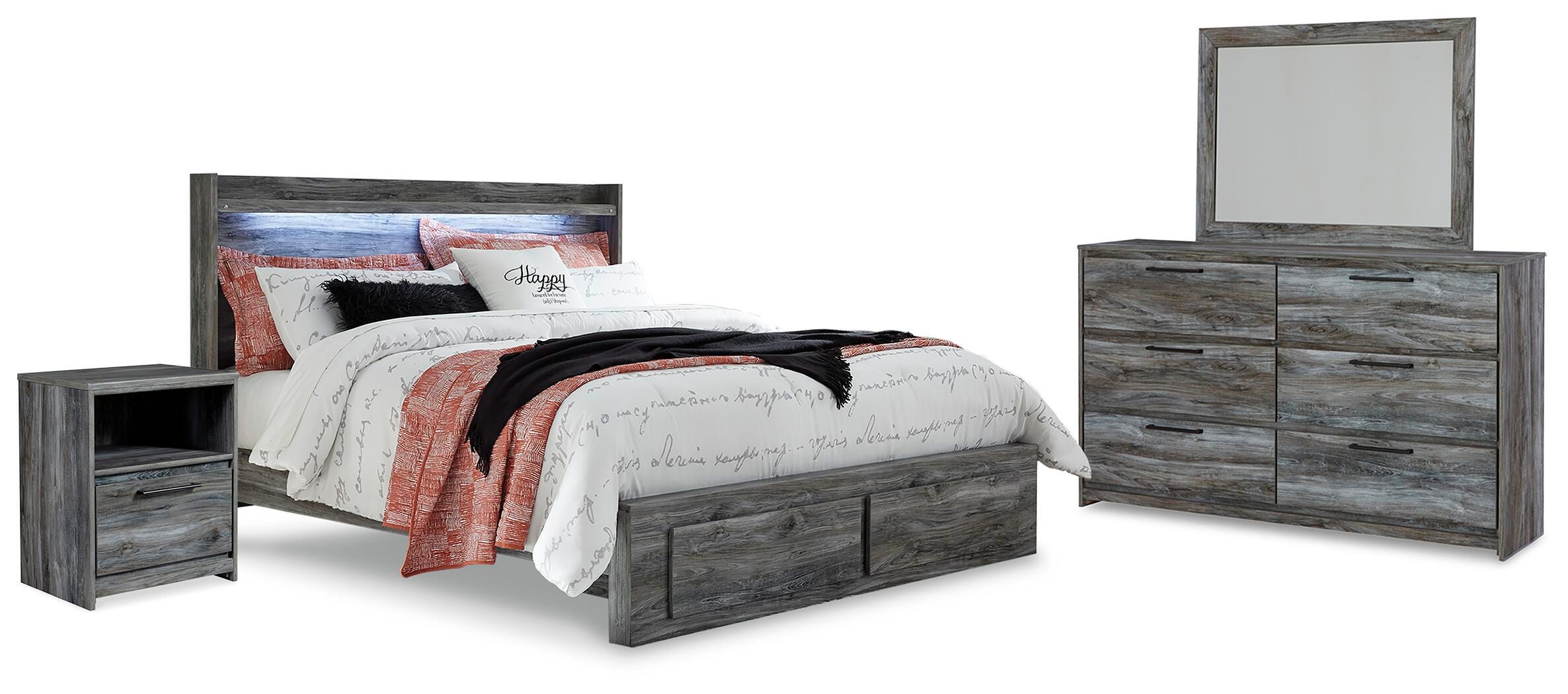 Baystorm Panel Bed with 2 Storage Drawers with Mirrored Dresser and Nightstand