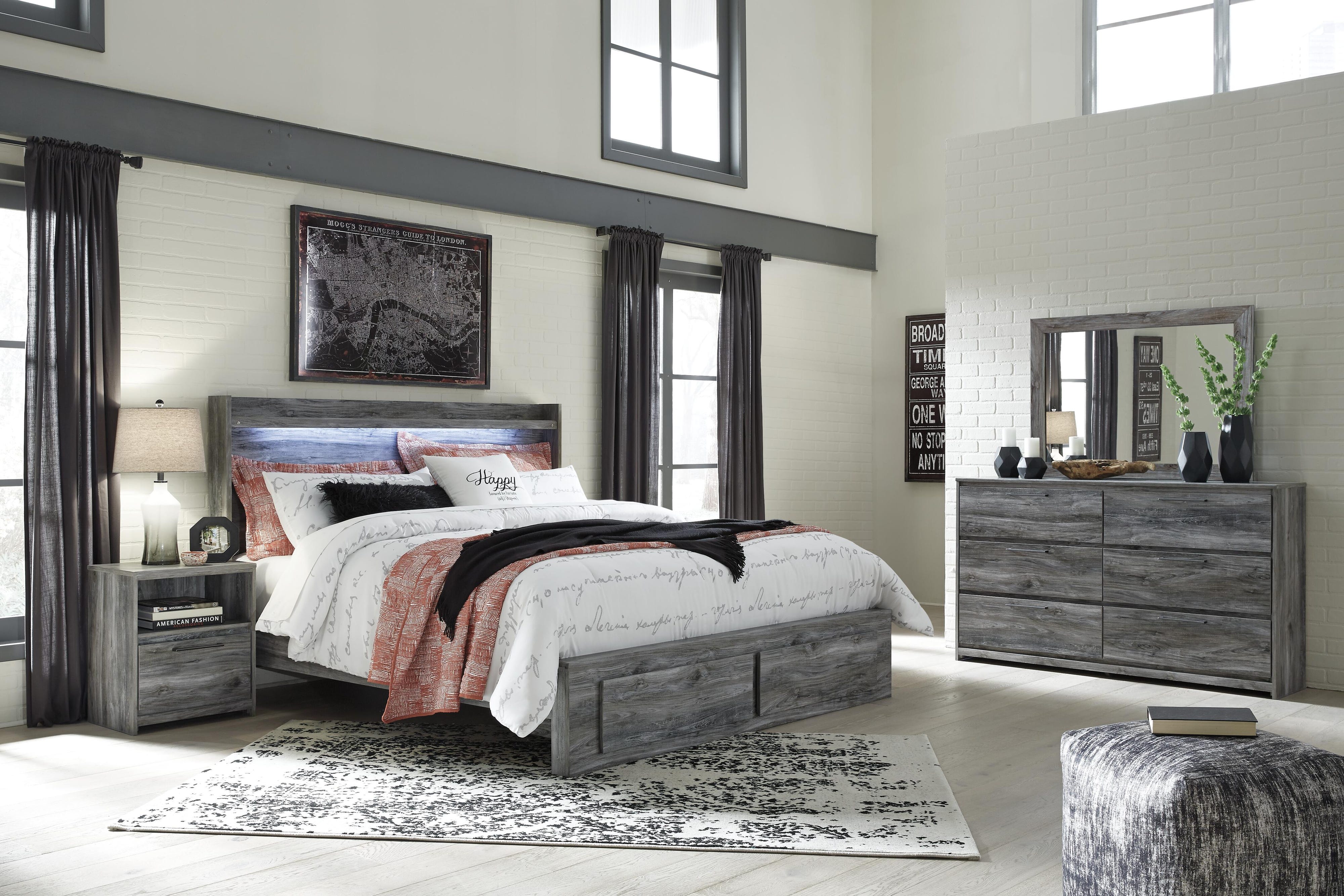 Baystorm Panel Bed with 2 Storage Drawers with Mirrored Dresser and Nightstand
