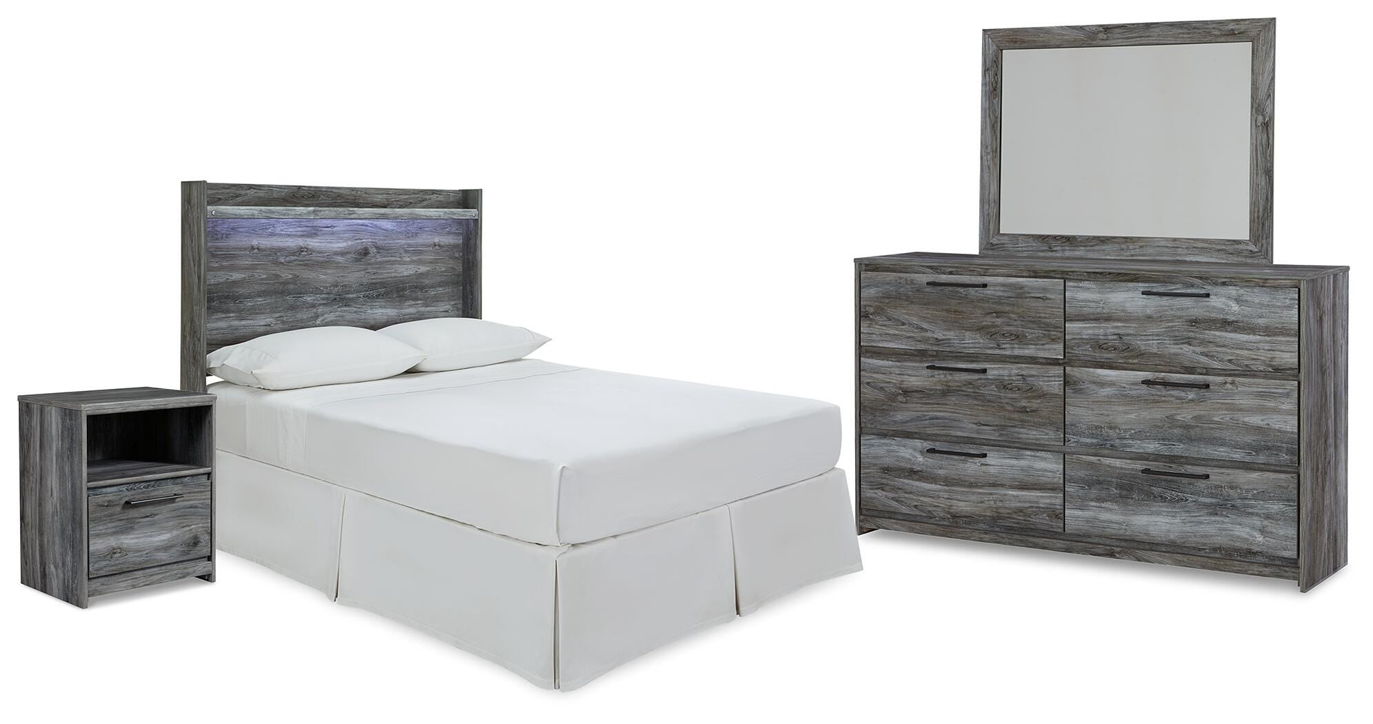 Baystorm Panel Headboard with Mirrored Dresser and Nightstand