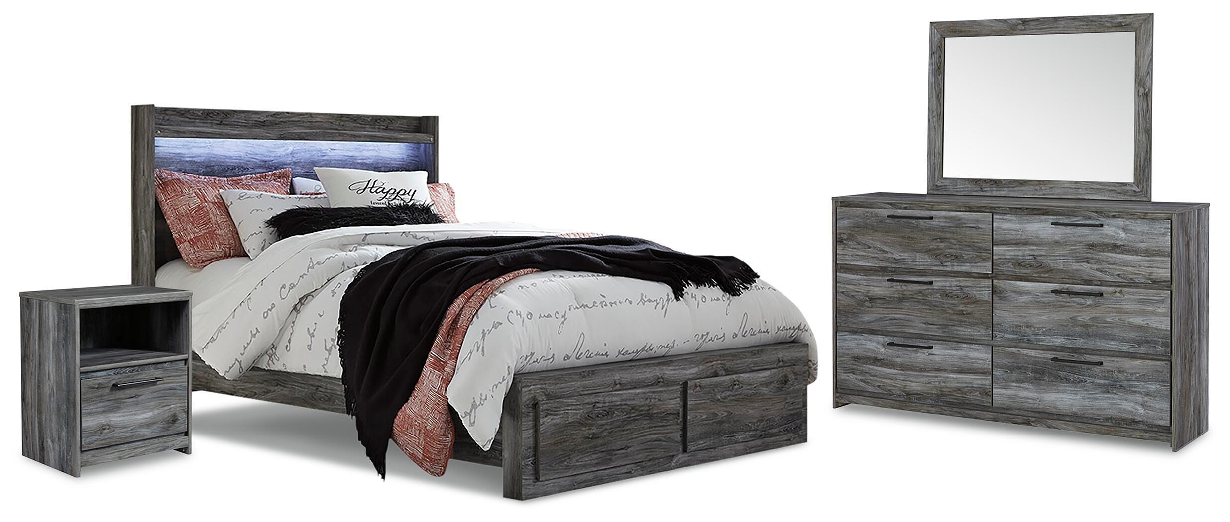 Baystorm Panel Bed with 2 Storage Drawers with Mirrored Dresser and Nightstand