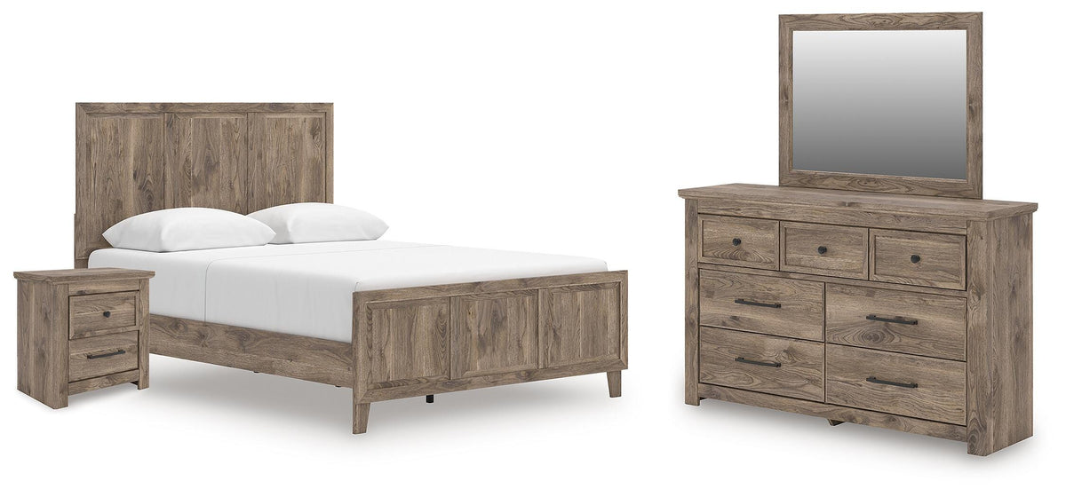 Rusticott Panel Bed with Mirrored Dresser and Nightstand