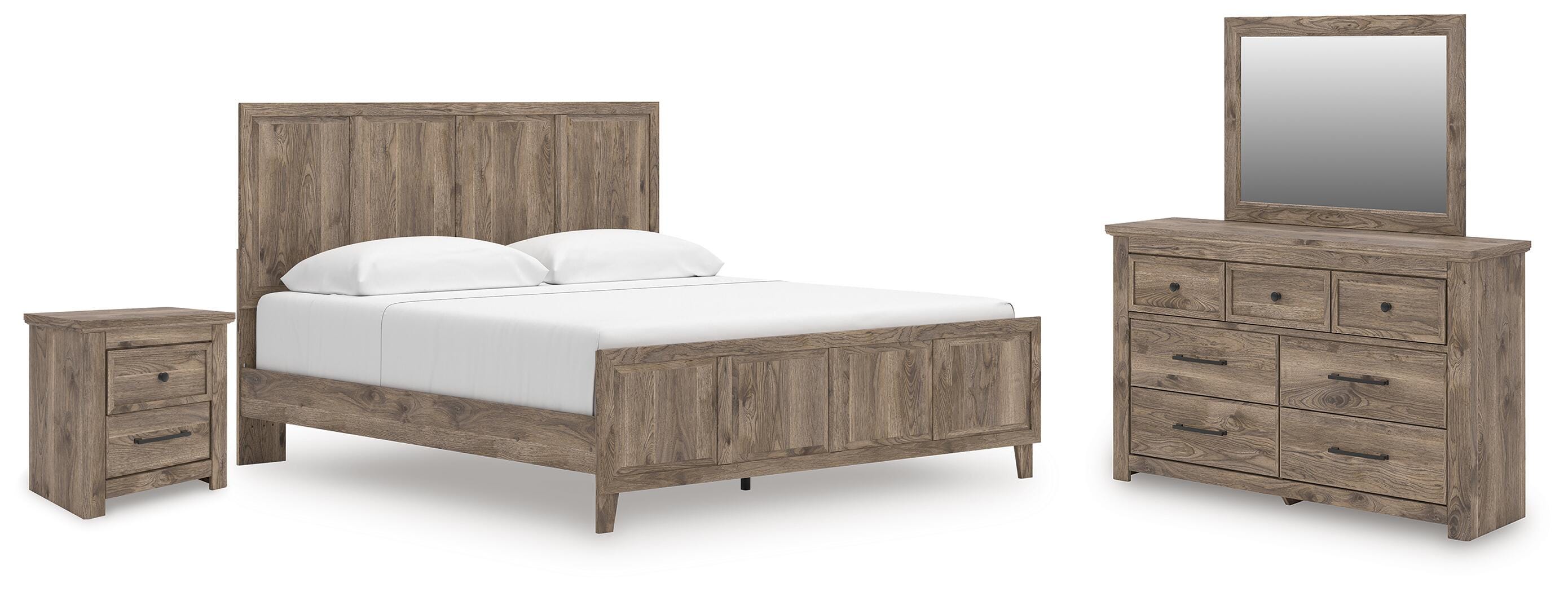 Rusticott Panel Bed with Mirrored Dresser and Nightstand