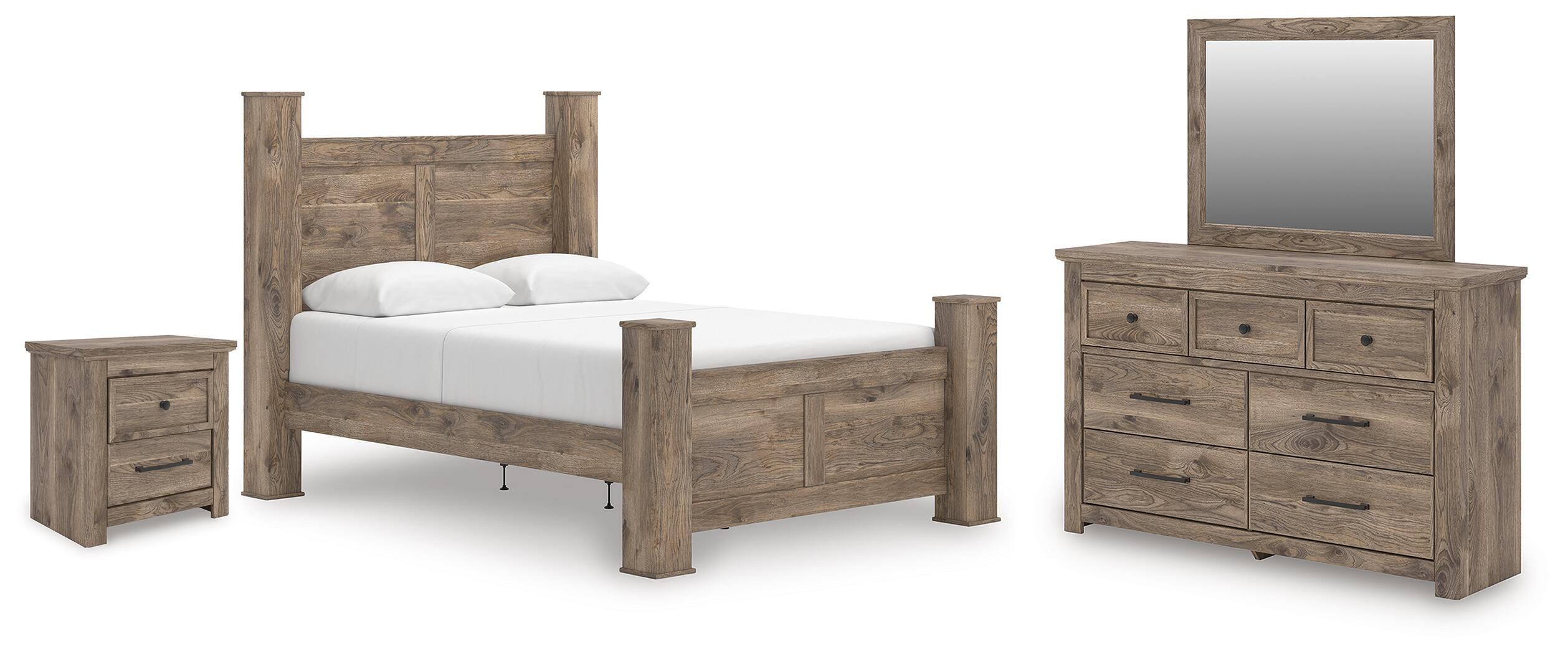 Rusticott Poster Bed, Dresser, Mirror and Nightstand