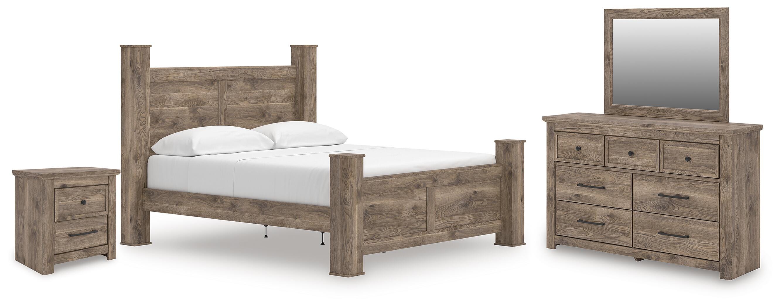 Rusticott Poster Bed, Dresser, Mirror and Nightstand