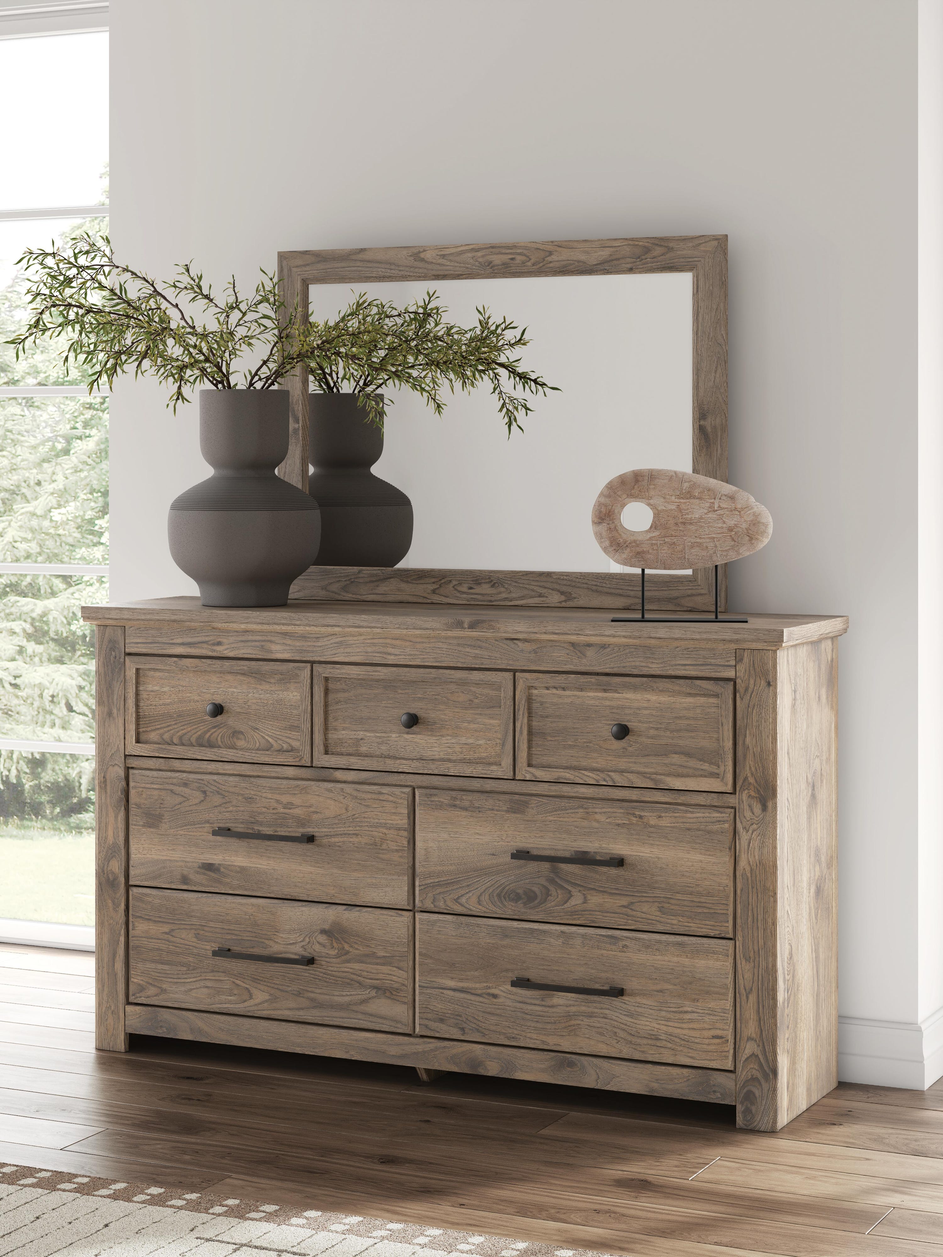 Rusticott Panel Bed with Mirrored Dresser and Nightstand