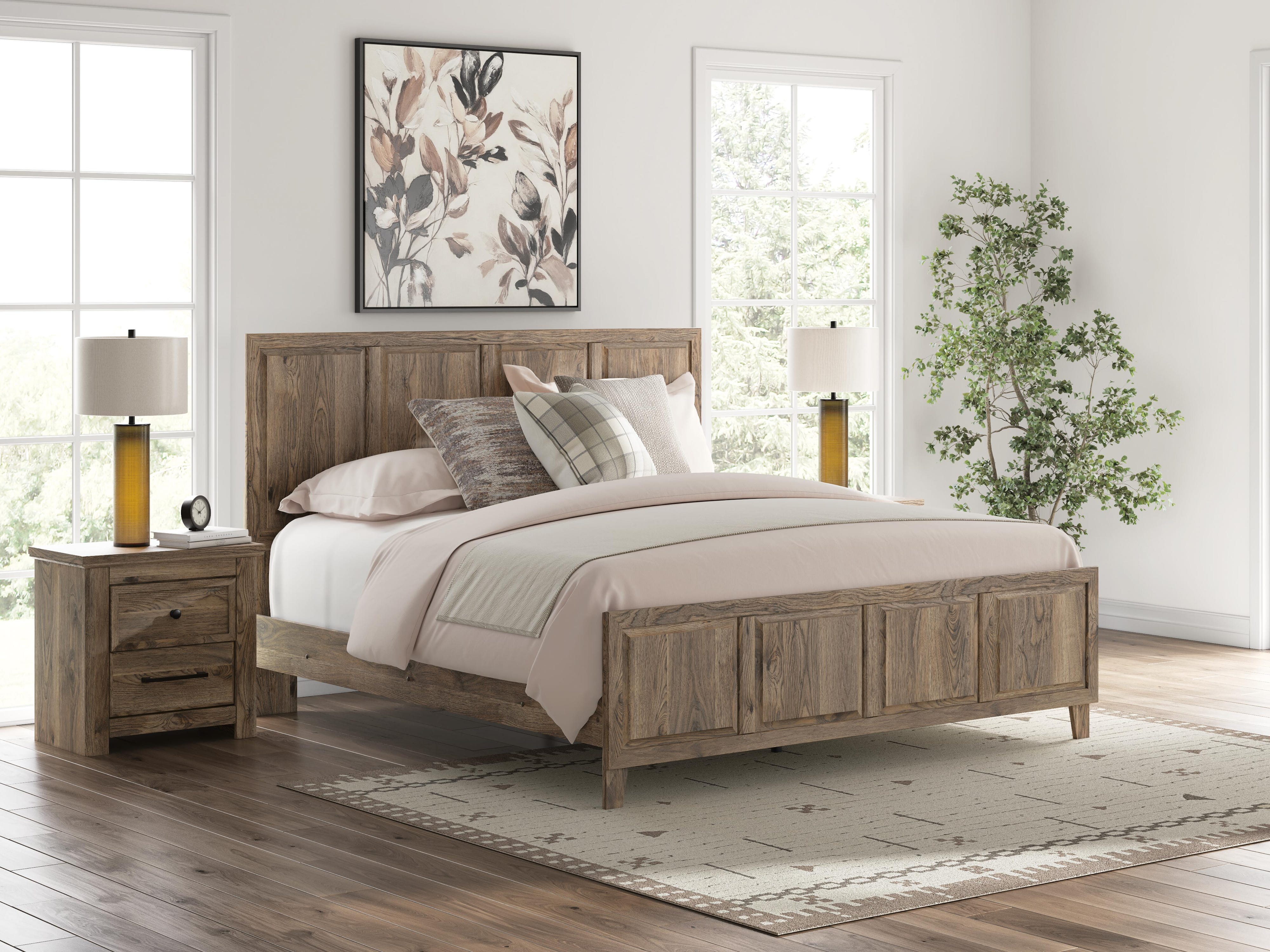 Rusticott Panel Bed with Mirrored Dresser and Nightstand