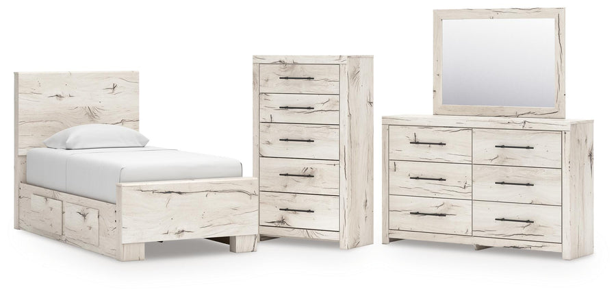 Lawroy Panel Bed with Storage, Dresser, Mirror and Chest