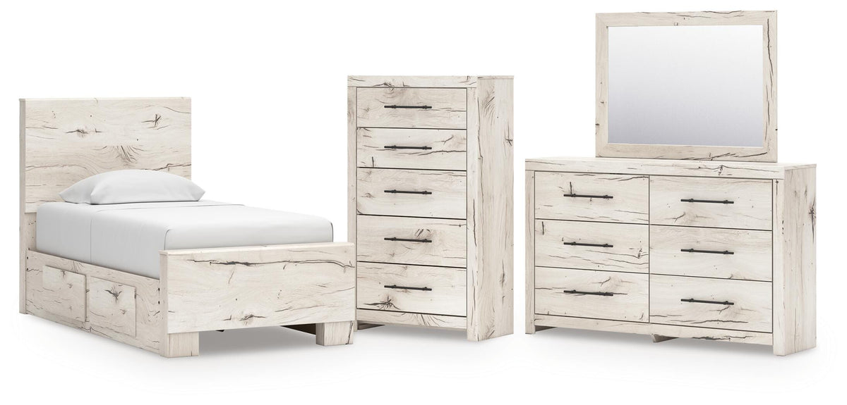 Lawroy Panel Bed with Storage, Dresser, Mirror and Chest