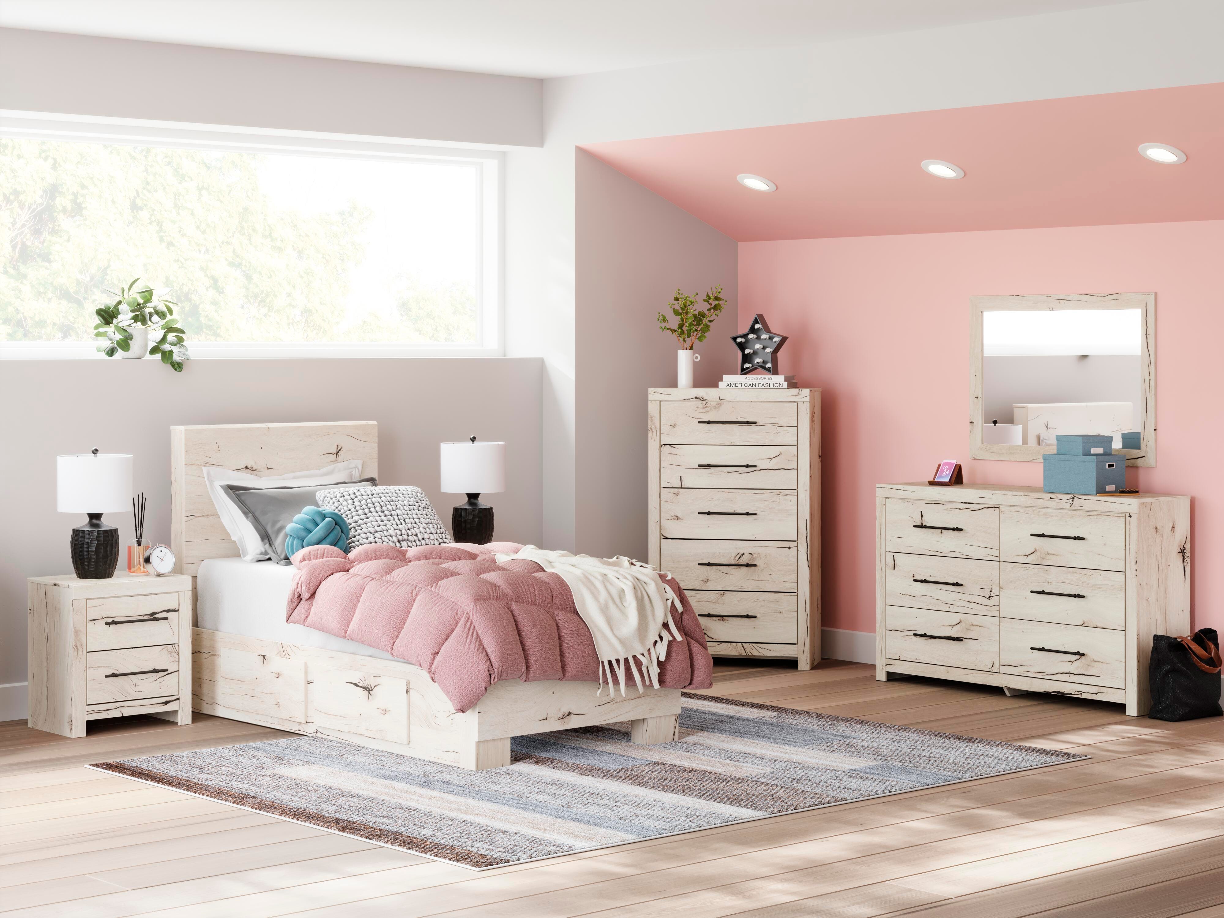 Lawroy Panel Bed with Storage, Dresser and Mirror