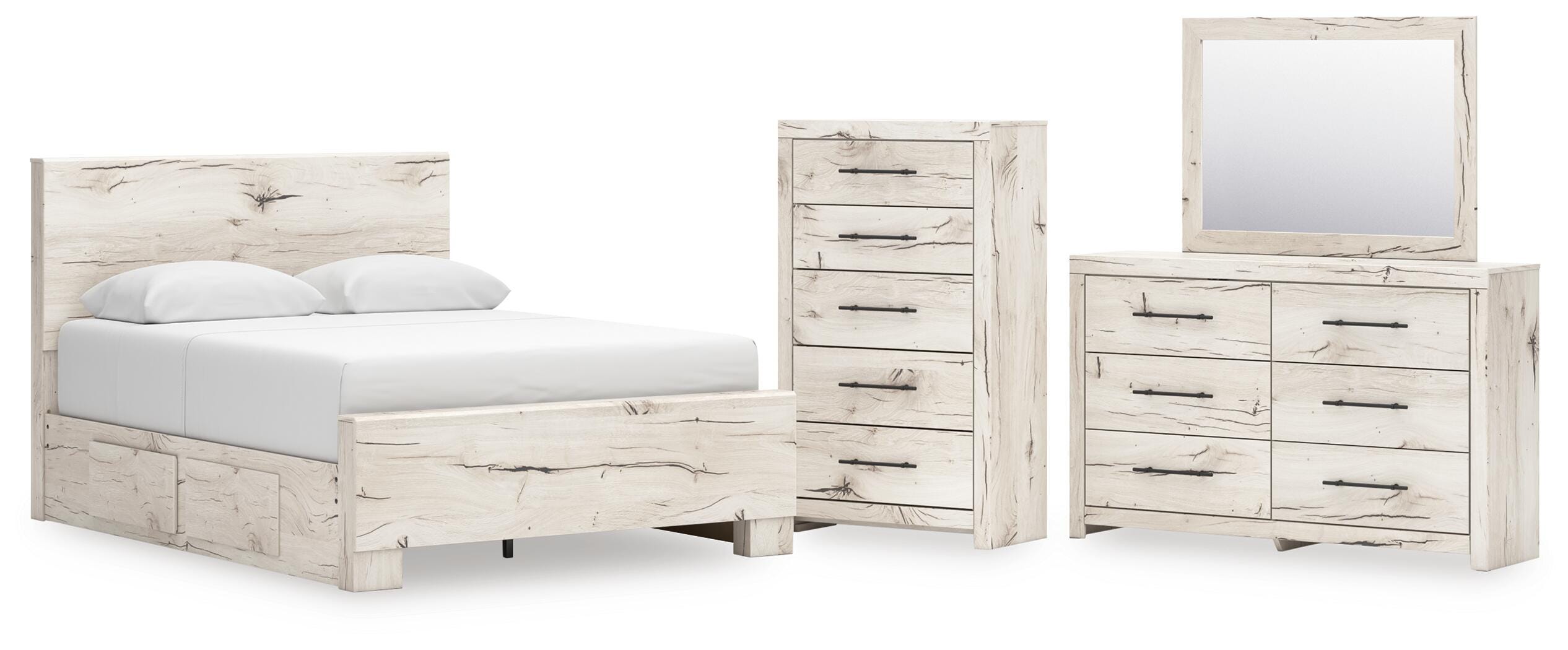 Lawroy Panel Bed with Storage, Dresser, Mirror and Chest
