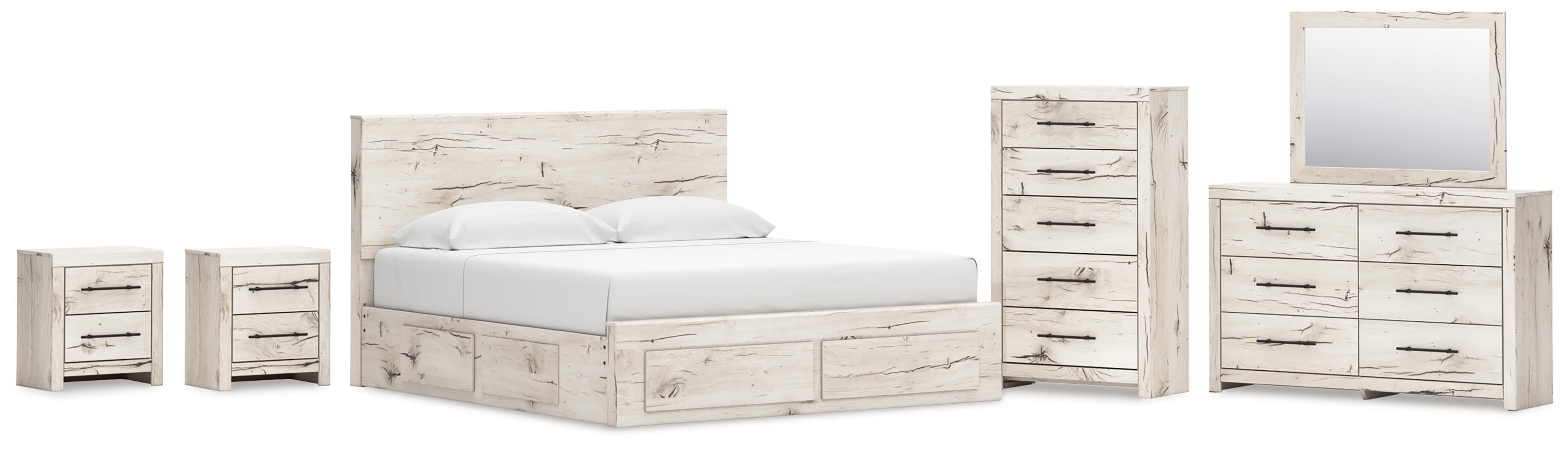Lawroy Panel Storage Bed, Dresser, Mirror, Chest and 2 Nightstands