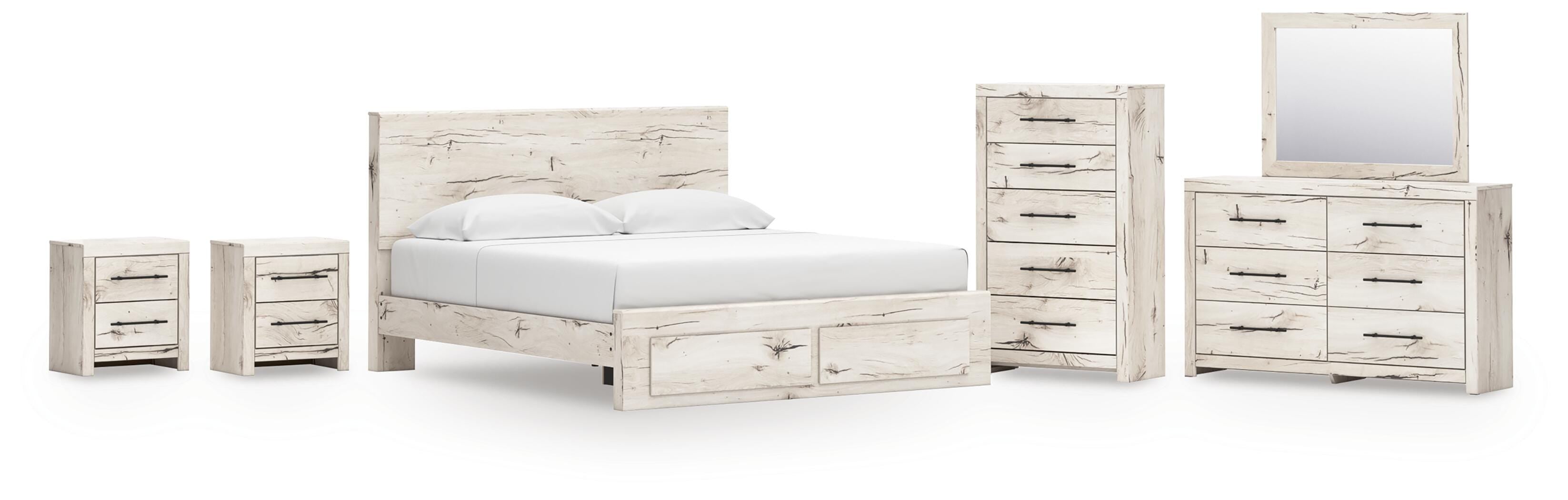 Lawroy Panel Storage Bed, Dresser, Mirror, Chest and 2 Nightstands