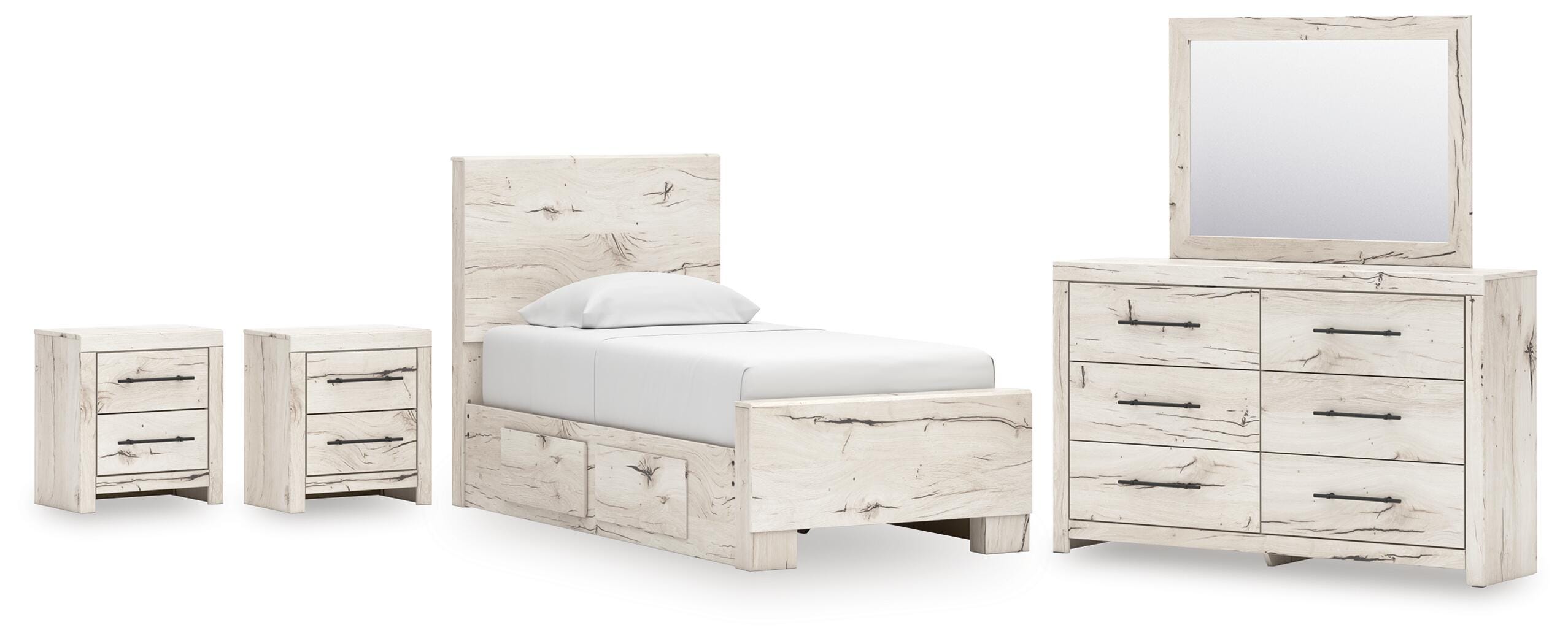 Lawroy Panel Bed with Storage, Dresser, Mirror and 2 Nightstands
