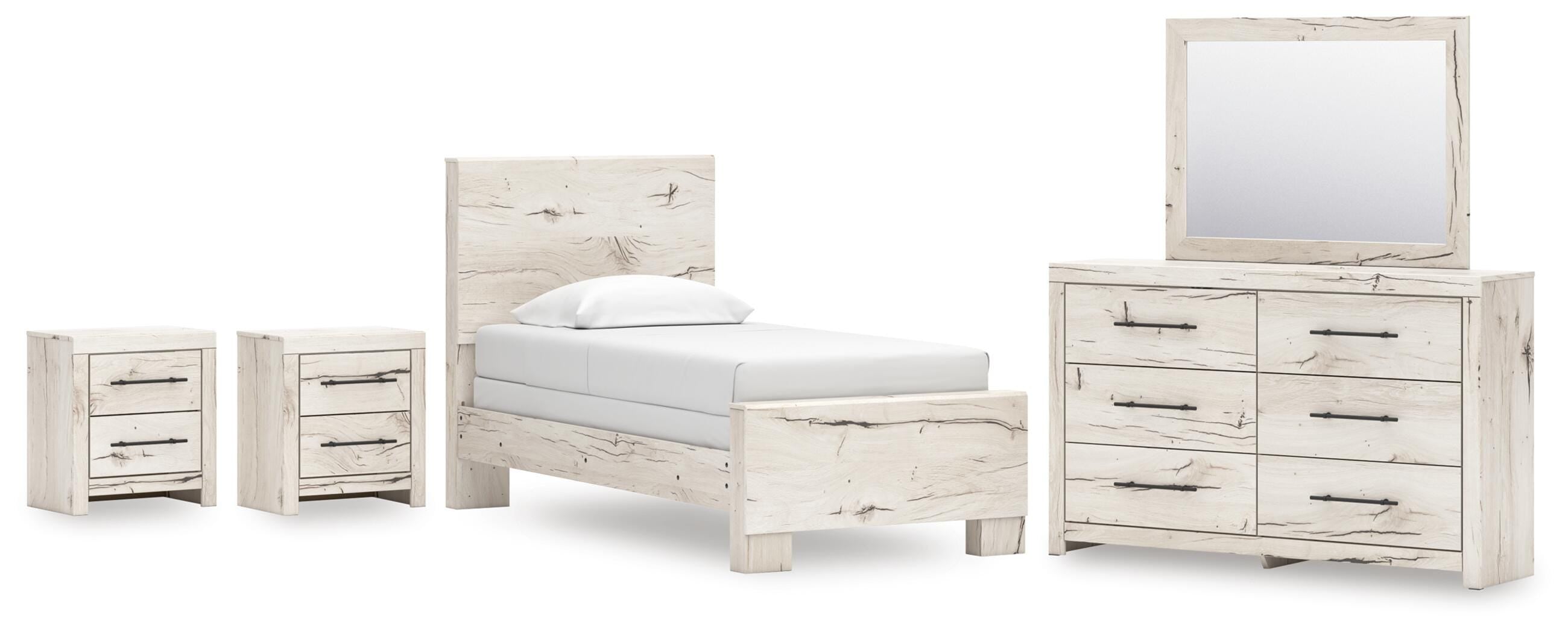 Lawroy Panel Bed, Dresser, Mirror and 2 Nightstands