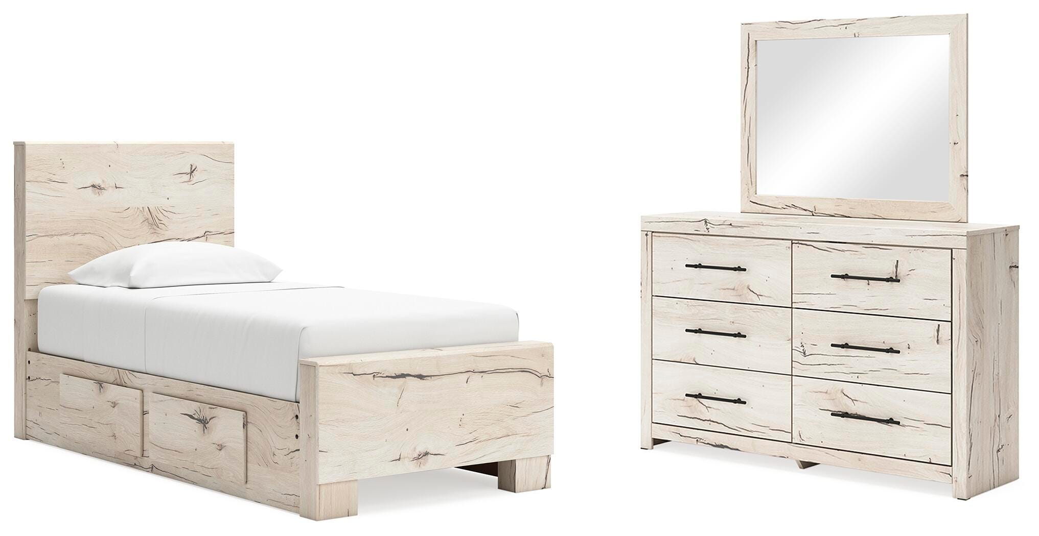 Lawroy Panel Bed with Storage, Dresser and Mirror