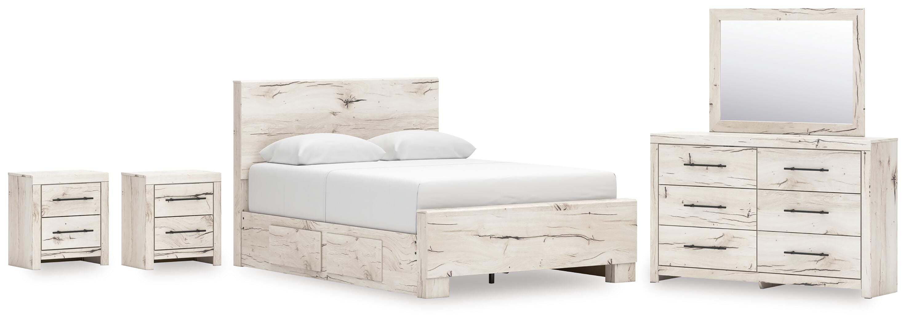 Lawroy Panel Bed with Storage, Dresser, Mirror and 2 Nightstands