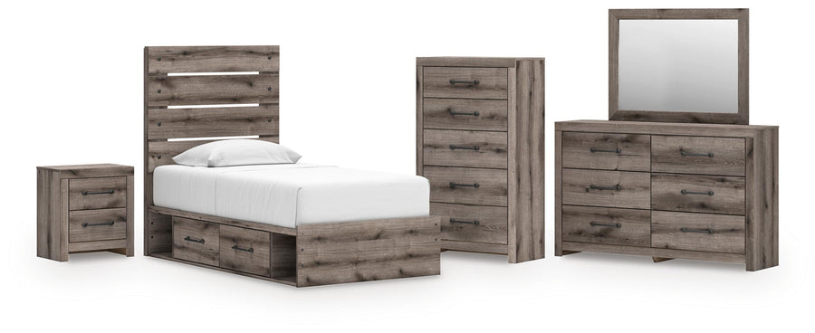Graystorm Panel Bed with Storage, Dresser, Mirror, Chest and Nightstand
