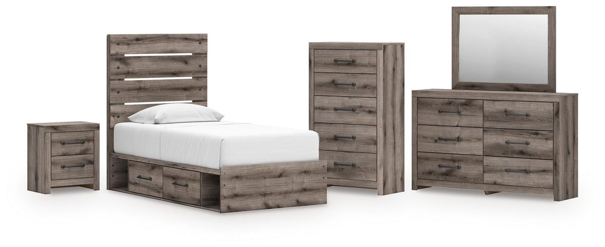 Graystorm Panel Bed with Storage, Dresser, Mirror, Chest and Nightstand