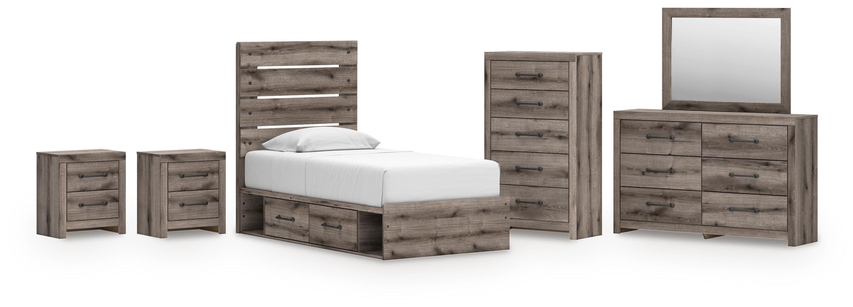 Graystorm Panel Bed with Storage, Dresser, Mirror, Chest and 2 Nightstands