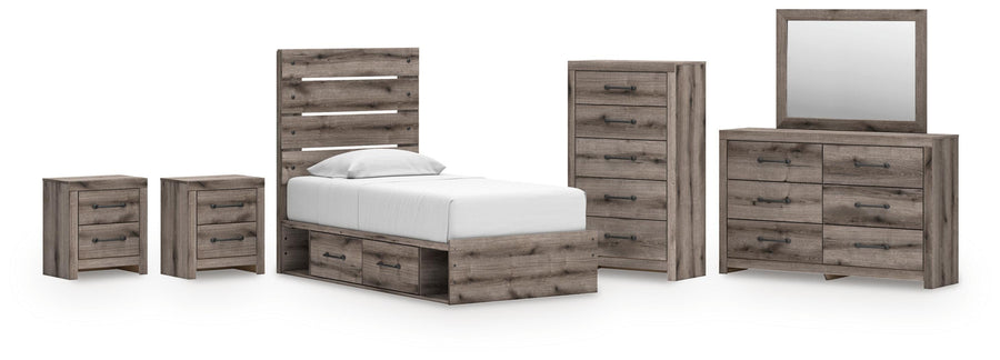 Graystorm Panel Bed with Storage, Dresser, Mirror, Chest and 2 Nightstands