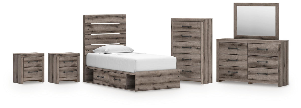 Graystorm Panel Bed with Storage, Dresser, Mirror, Chest and 2 Nightstands
