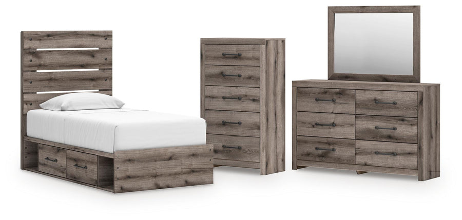Graystorm Panel Bed with Storage, Dresser, Mirror and Chest