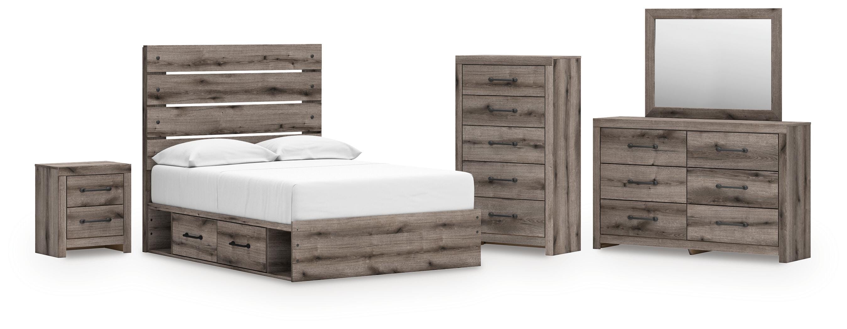 Graystorm Panel Bed with Storage, Dresser, Mirror, Chest and Nightstand