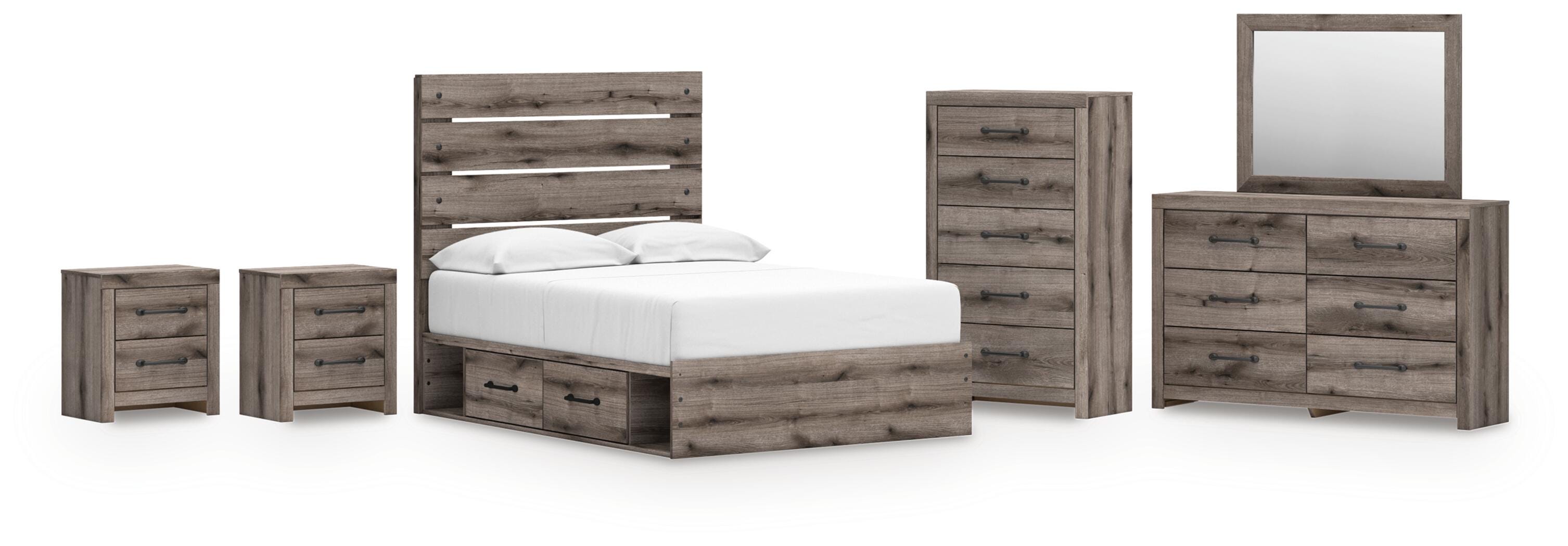 Graystorm Panel Bed with Storage, Dresser, Mirror, Chest and 2 Nightstands