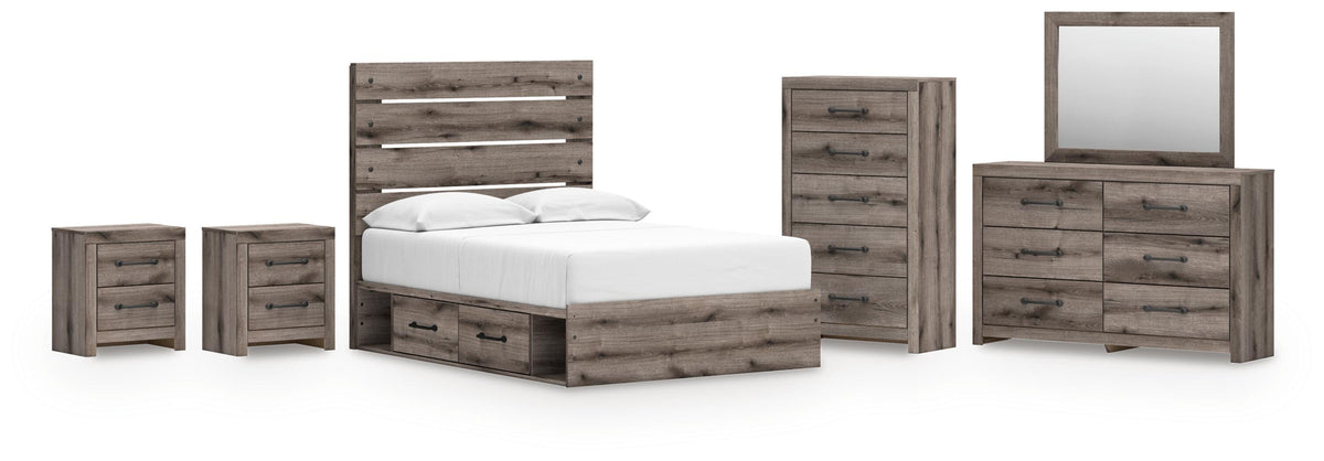 Graystorm Panel Bed with Storage, Dresser, Mirror, Chest and 2 Nightstands