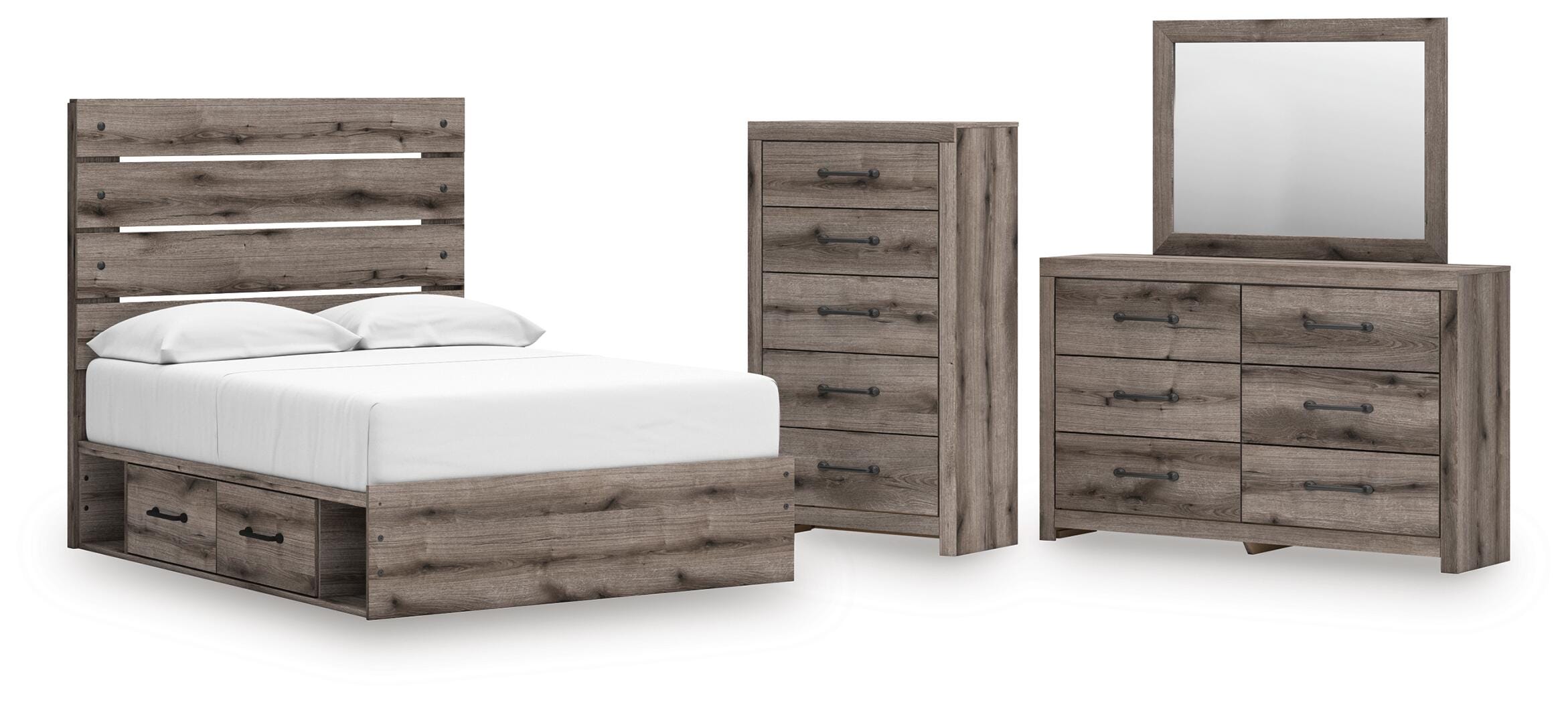 Graystorm Panel Bed with Storage, Dresser, Mirror and Chest