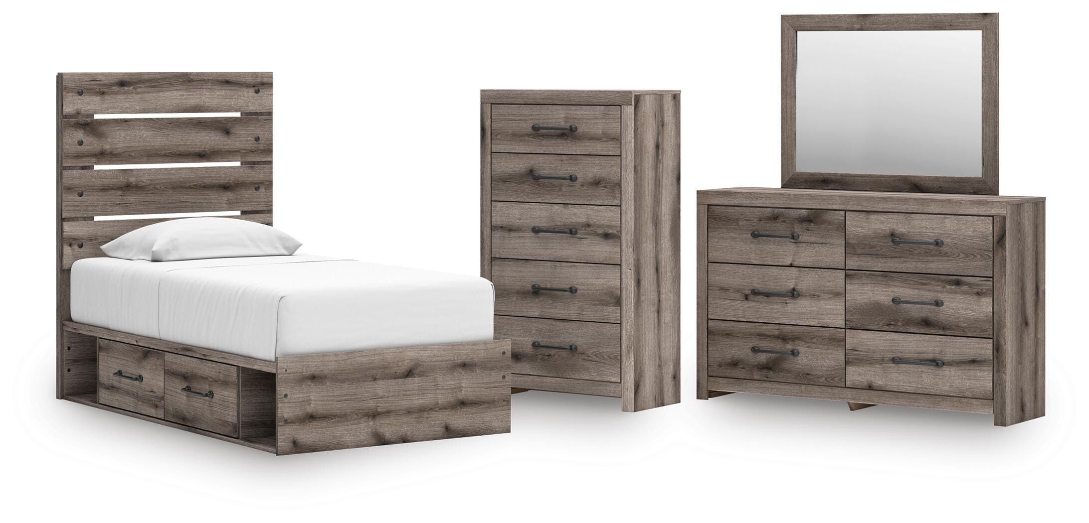 Graystorm Panel Storage Bed, Dresser, Mirror and Chest