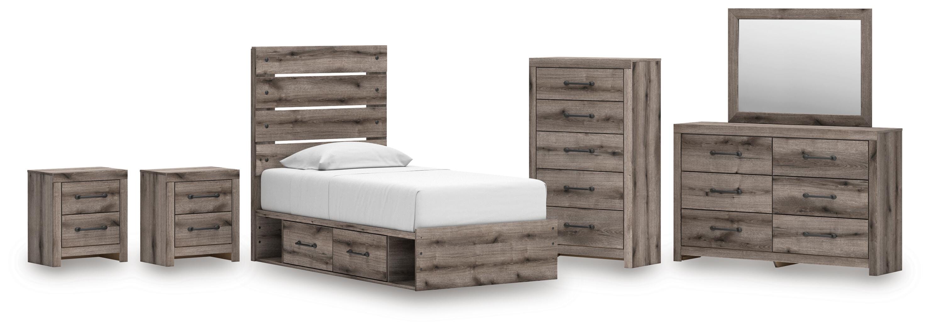 Graystorm Panel Storage Bed, Dresser, Mirror, Chest and 2 Nightstands