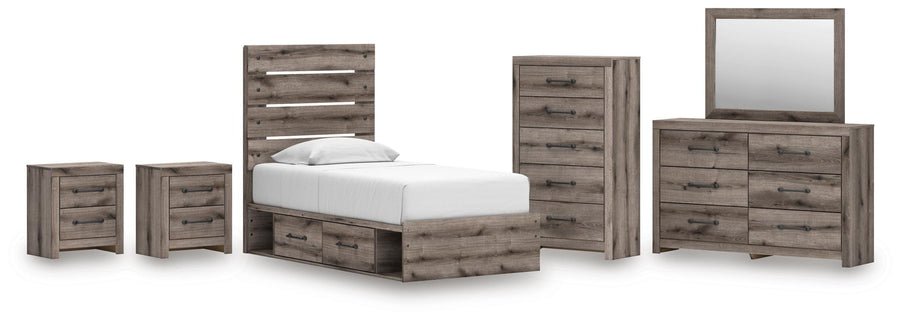Graystorm Panel Storage Bed, Dresser, Mirror, Chest and 2 Nightstands