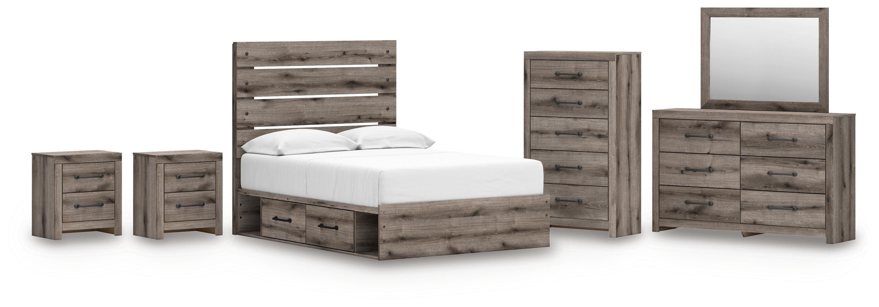 Graystorm Panel Storage Bed, Dresser, Mirror, Chest and 2 Nightstands