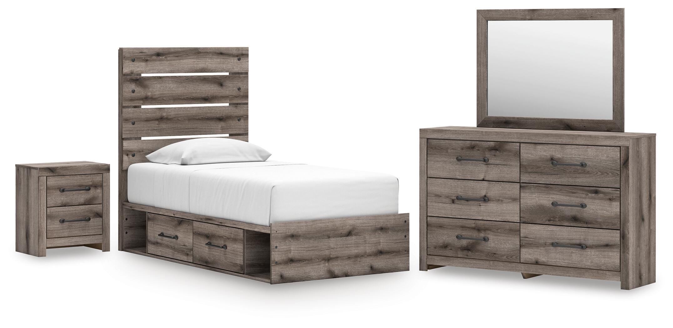 Graystorm Panel Bed with Storage, Dresser, Mirror and Nightstand