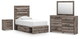 Graystorm Panel Bed with Storage, Dresser, Mirror and Nightstand