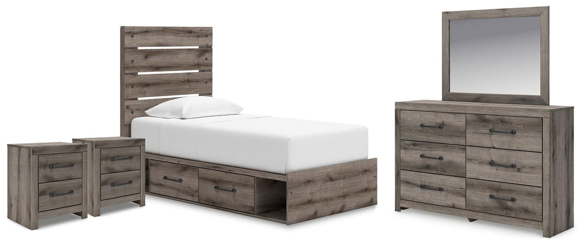Graystorm Panel Bed with Storage, Dresser, Mirror and 2 Nightstands