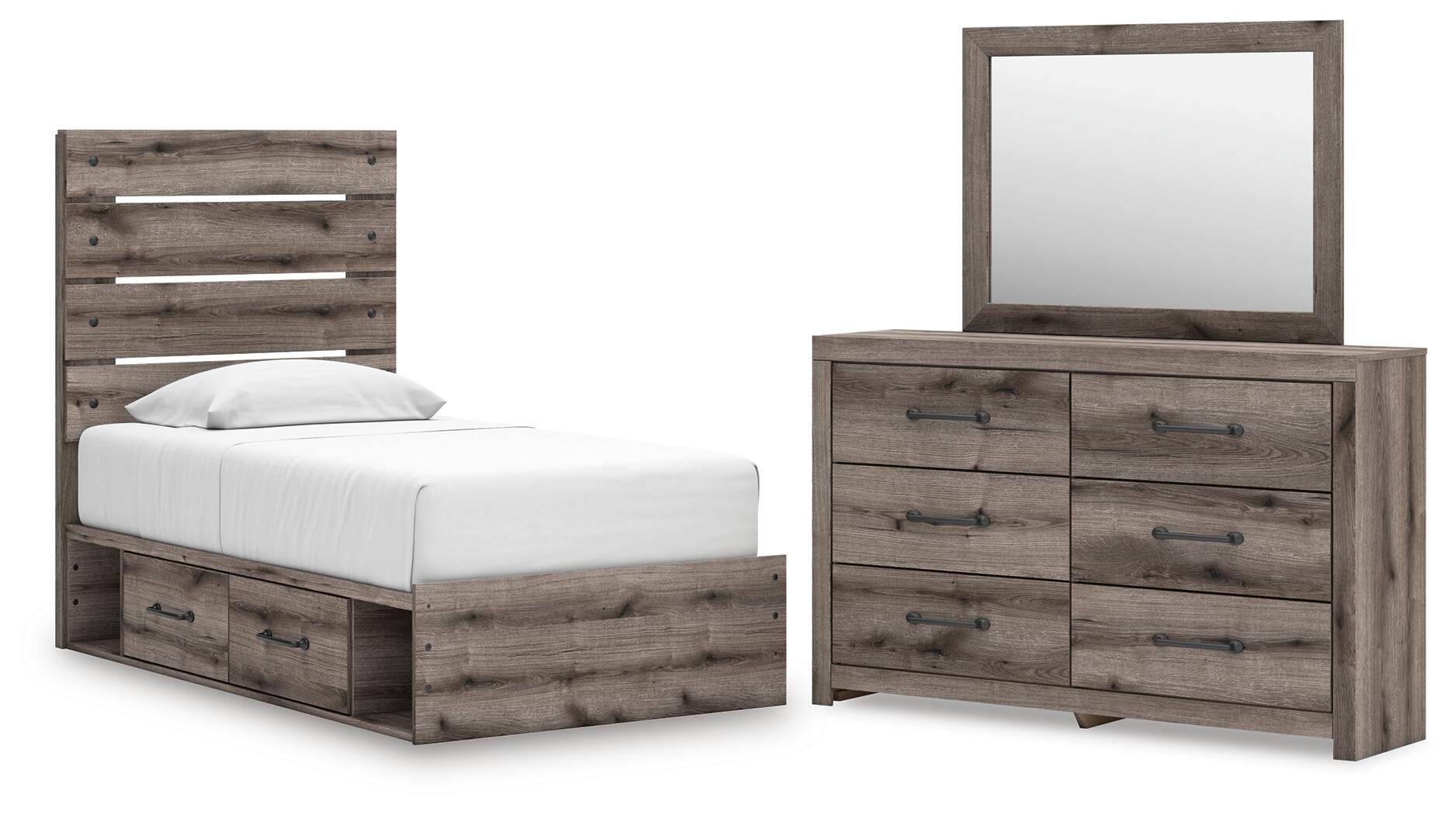 Graystorm Panel Bed with Storage, Dresser and Mirror