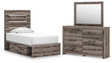 Graystorm Panel Bed with Storage, Dresser and Mirror
