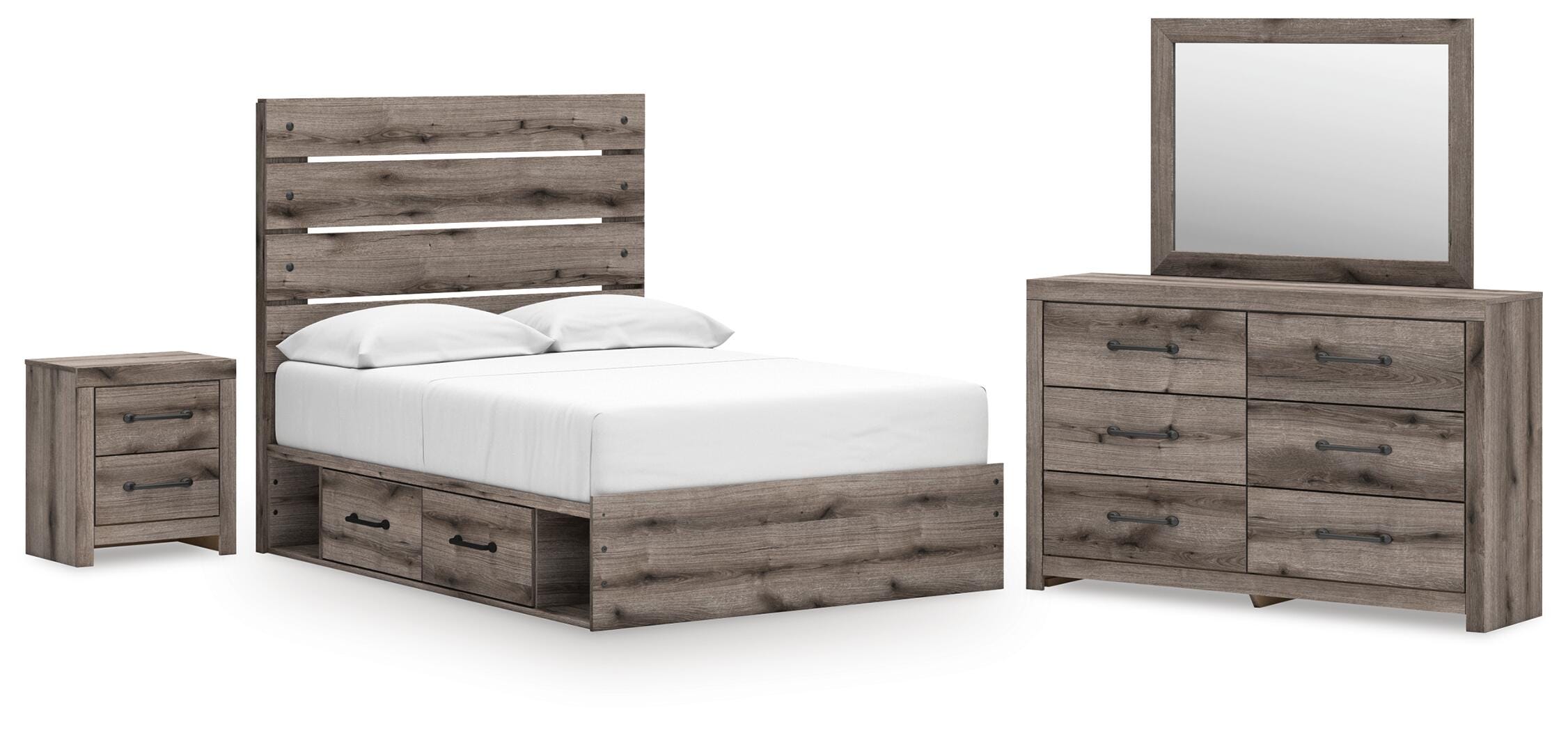 Graystorm Panel Bed with Storage, Dresser, Mirror and Nightstand
