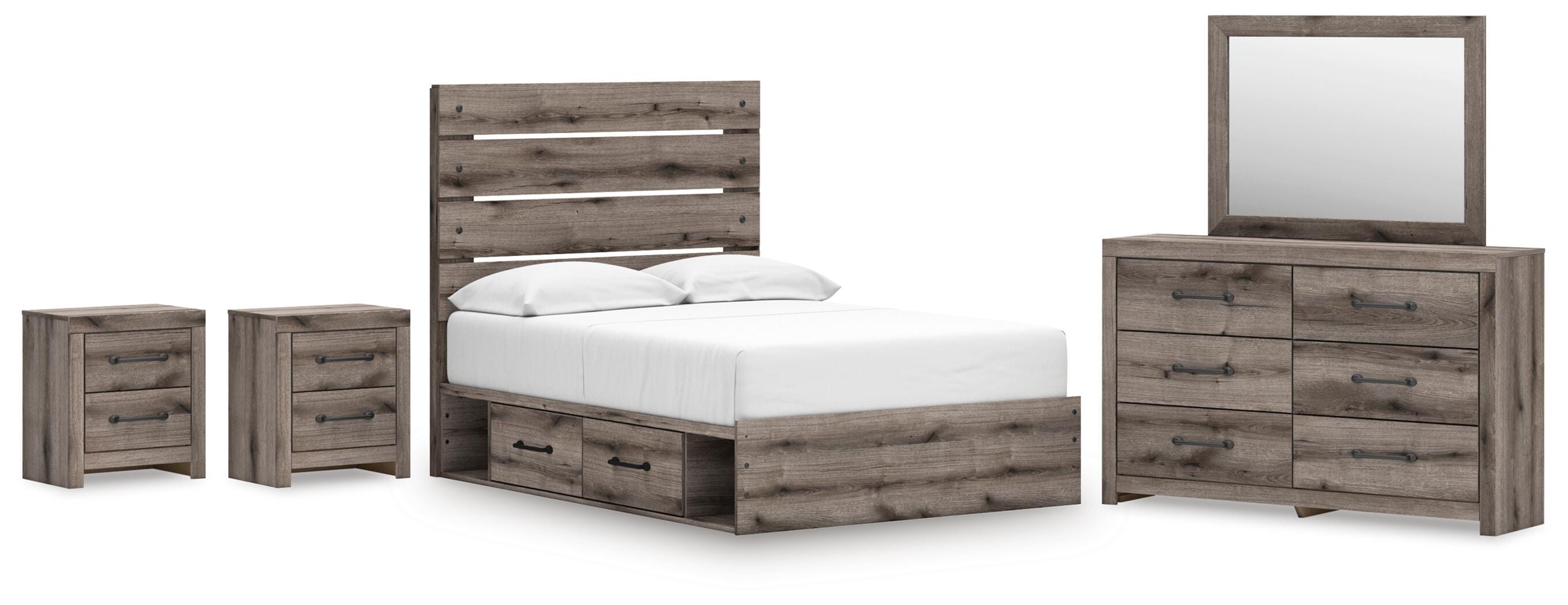 Graystorm Panel Bed with Storage, Dresser, Mirror and 2 Nightstands