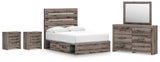 Graystorm Panel Bed with Storage, Dresser, Mirror and 2 Nightstands