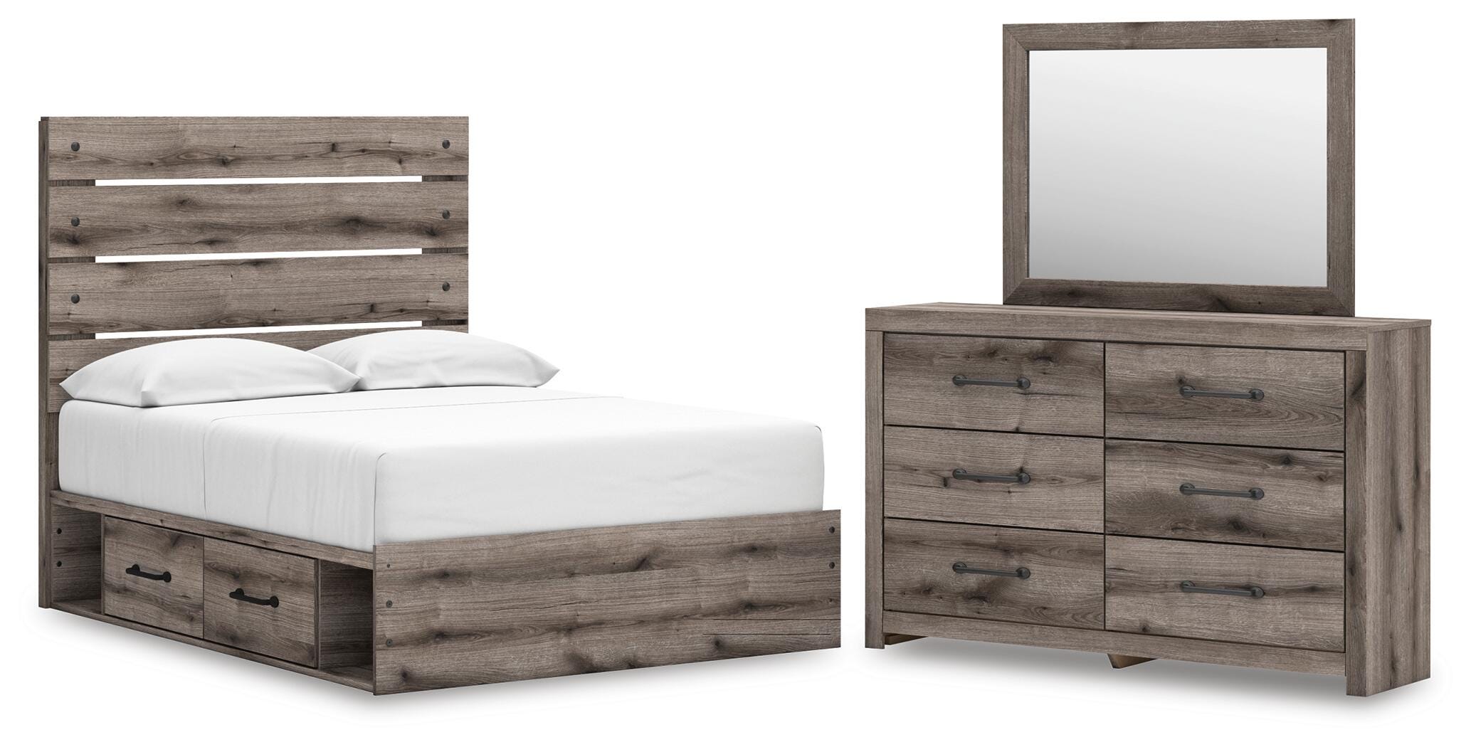 Graystorm Panel Bed with Storage, Dresser and Mirror
